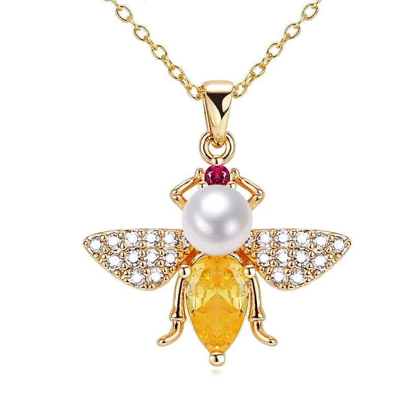 ZHBORUIN Bee Pendant Pearl Necklace 14K Plated Chain Female Jewelry