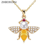 ZHBORUIN Bee Pendant Pearl Necklace 14K Plated Chain Female Jewelry