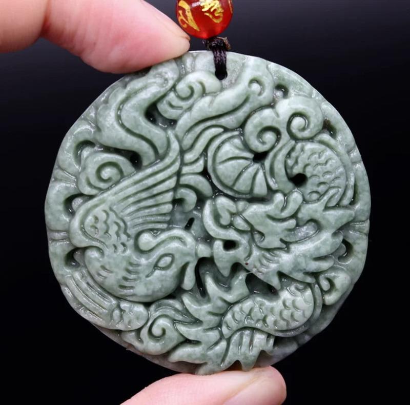 Green Jade Dragon Phoenix Pendant Necklace Lucky Amulet Women Man Sweater Chain