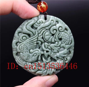 Green Jade Dragon Phoenix Pendant Necklace Lucky Amulet Women Man Sweater Chain
