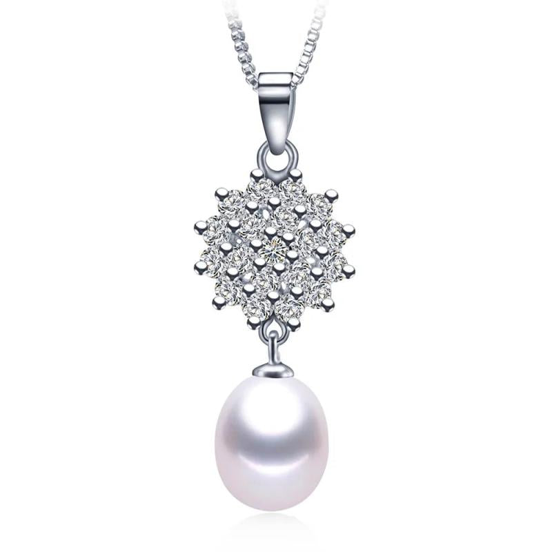 Flower Zircon Pearl Pendant 925 Silver Necklace Jewelry
