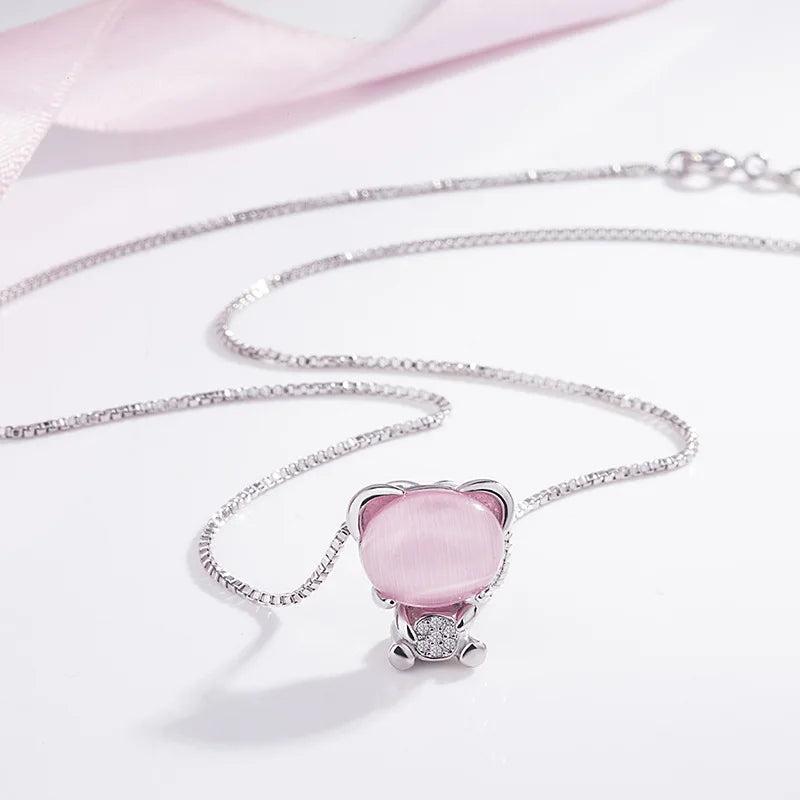 Pink Jade Agate Bear Pendant 925 Silver Necklace Charm Jewelry