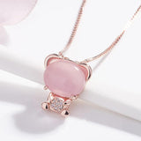 Pink Jade Agate Bear Pendant 925 Silver Necklace Charm Jewelry