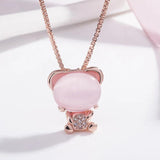 Pink Jade Agate Bear Pendant 925 Silver Necklace Charm Jewelry
