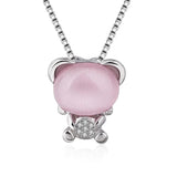 Pink Jade Agate Bear Pendant 925 Silver Necklace Charm Jewelry