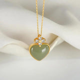 Hetian Gray Jade Heart Clavicle Chain Necklace Zircon Gold-Plated