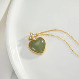 Hetian Gray Jade Heart Clavicle Chain Necklace Zircon Gold-Plated