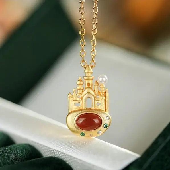 S925 Sterling Silver South Red Agate Dream Castle Pendant Necklace