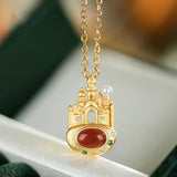 S925 Sterling Silver South Red Agate Dream Castle Pendant Necklace