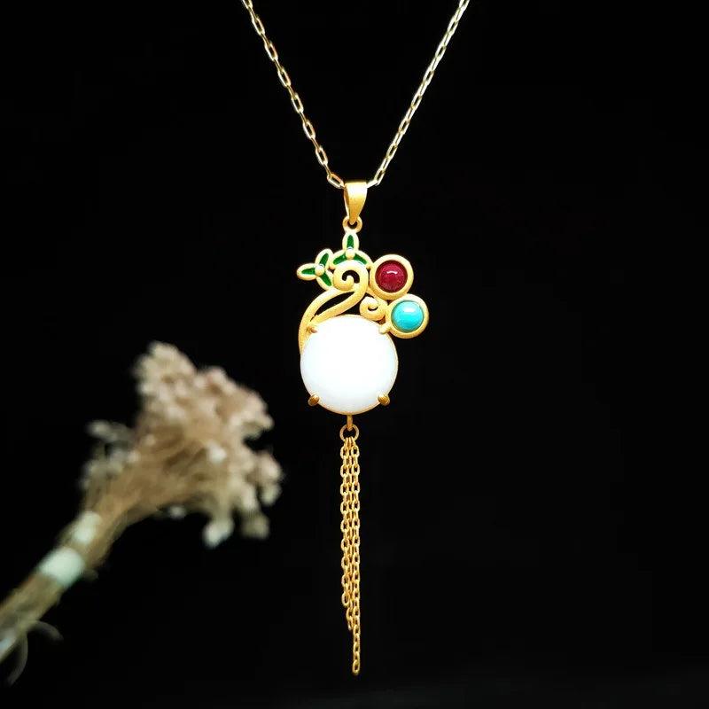Jade Pendant 925 Silver Vintage Necklace Natural Stone Charms