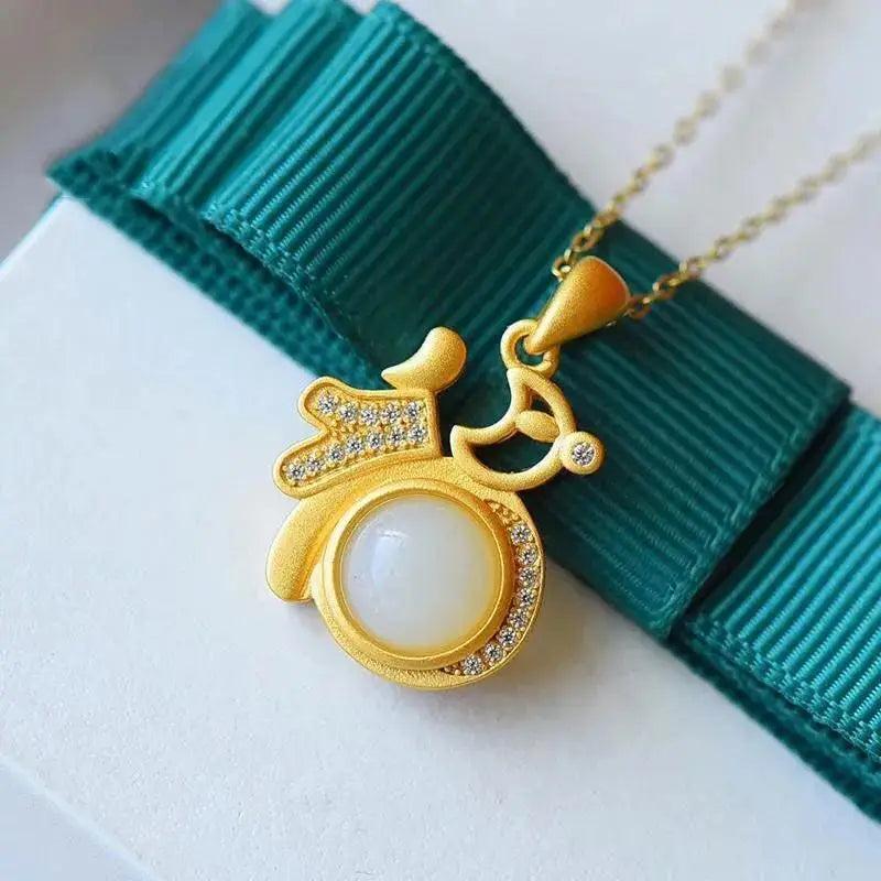Jade Blessing Pendant Charm 925 Silver Necklace Amulet Carved