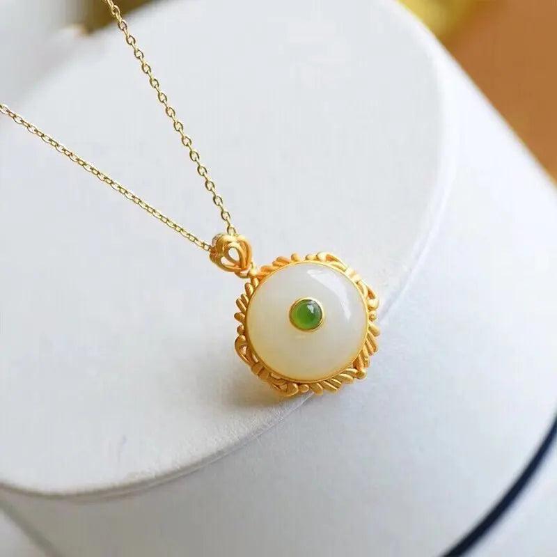 Jade Donut Pendant Chalcedony Carved Necklace 925 Silver