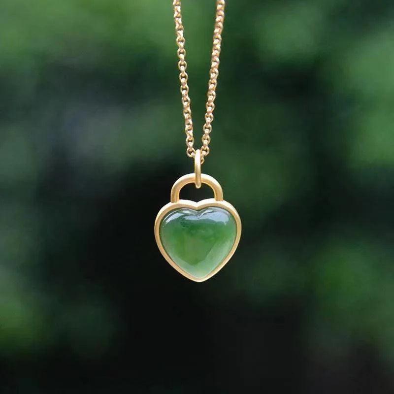 Green Jade Heart Pendant 925 Silver Jewelry Men Amulets Necklace