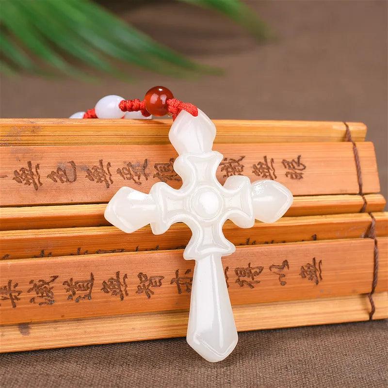 Green Jade Cross Pendant Necklace Women Natural Jadeite Charm Amulet Jewelry
