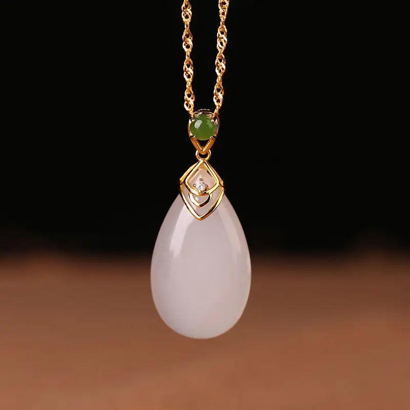 Jade Water Drop Pendant Chalcedony Accessory Carved Necklace 925 Silver
