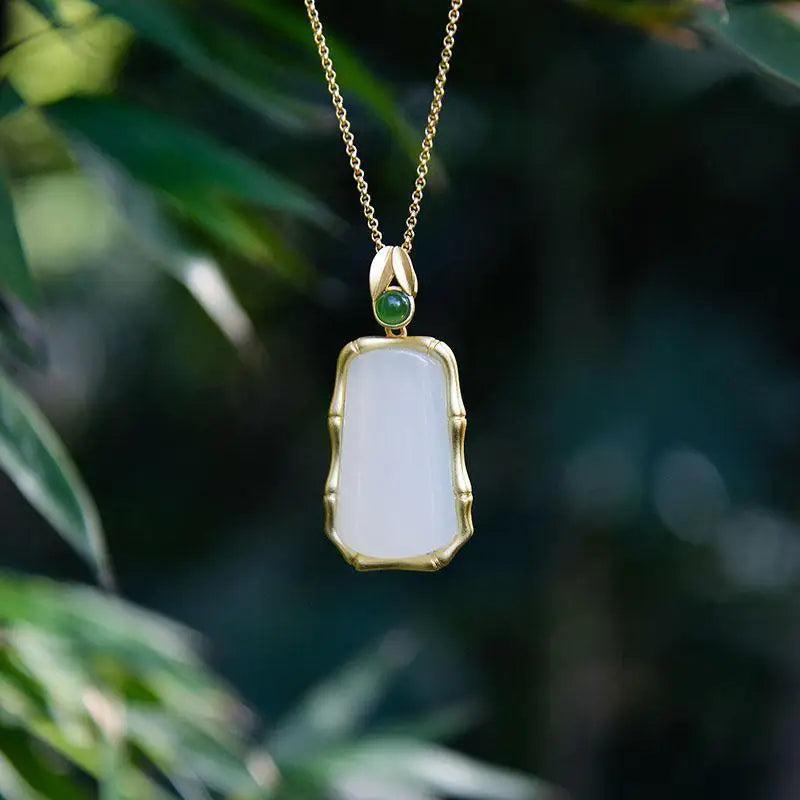 Jade Bamboo Pendant Choker Necklace 925 Silver for Women Men Gift