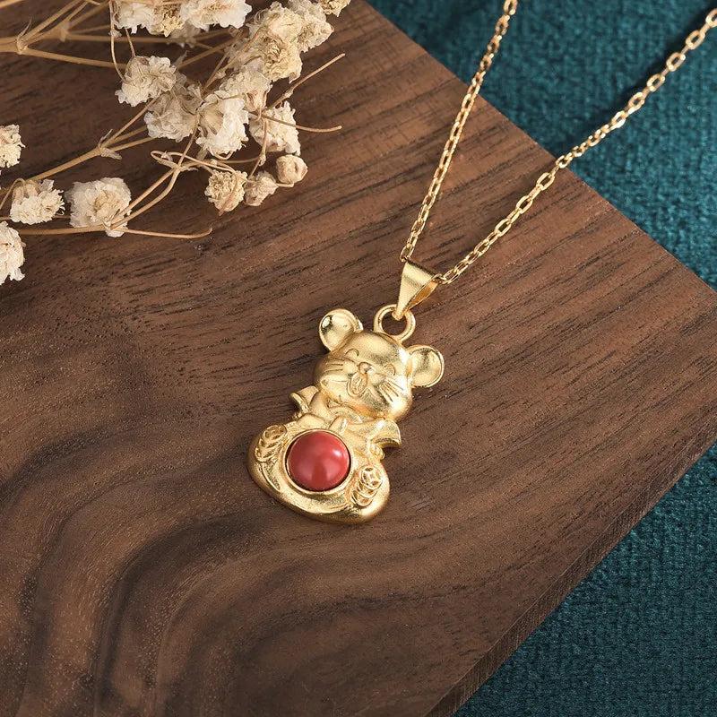 Red Jade Mouse Pendant Necklace 925 Silver