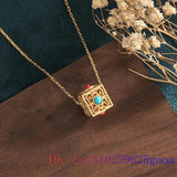 Green Jade Cube Pendant 925 Silver Necklace Charm Vintage Chalcedony