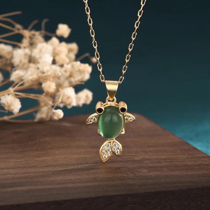 Green Jade Goldfish Pendant Necklace 925 Silver Charm Chalcedony