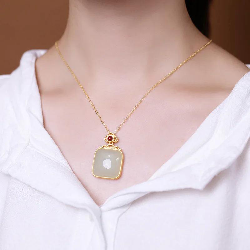 Green Jade Pendant Charm Necklace Chalcedony Gemstone 925 Silver