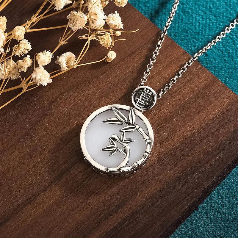 Jade Bamboo Pendant 925 Silver Necklaces Chalcedony Charms Men Necklace