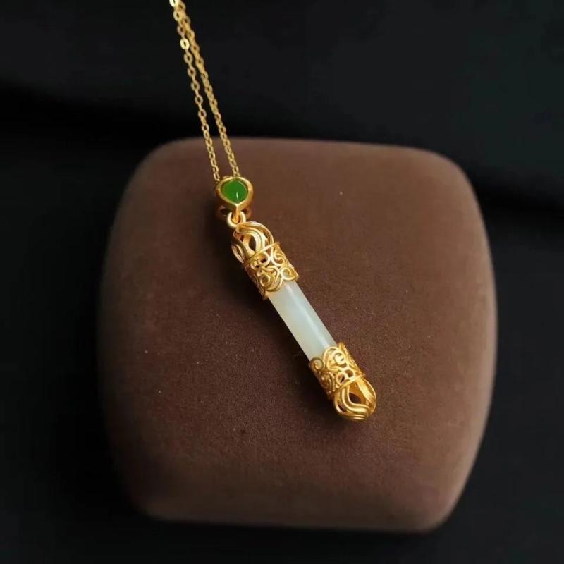 Green Jade Golden Cudgel Pendant Chinese Vintage Stone Necklace