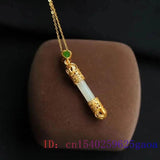 Green Jade Golden Cudgel Pendant Chinese Vintage Stone Necklace
