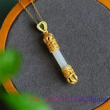 Green Jade Golden Cudgel Pendant Chinese Vintage Stone Necklace