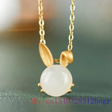 Jade Rabbit Pendant Necklace 925 Silver Vintage Gemstone