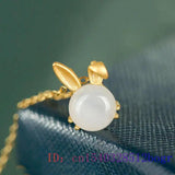 Jade Rabbit Pendant Necklace 925 Silver Vintage Gemstone