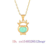 Green Jade Cattle Pendant Chalcedony Crystal Zircon Amulet 925 Silver Women Char