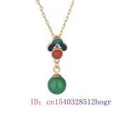 Green Jade Bead Pendant Necklace 925 Silver Zircon Chinese Women Jewelry