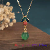 Green Jade Bead Pendant Necklace 925 Silver Zircon Chinese Women Jewelry