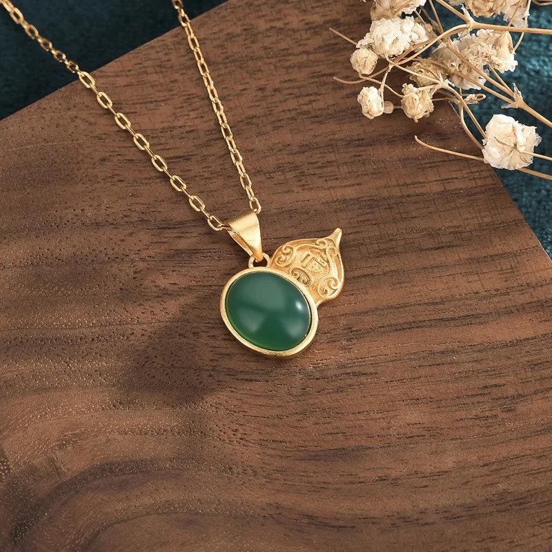Green Jade Gourd Pendant Charm 925 Silver Zircon Necklace