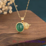 Green Jade Gourd Pendant Charm 925 Silver Zircon Necklace