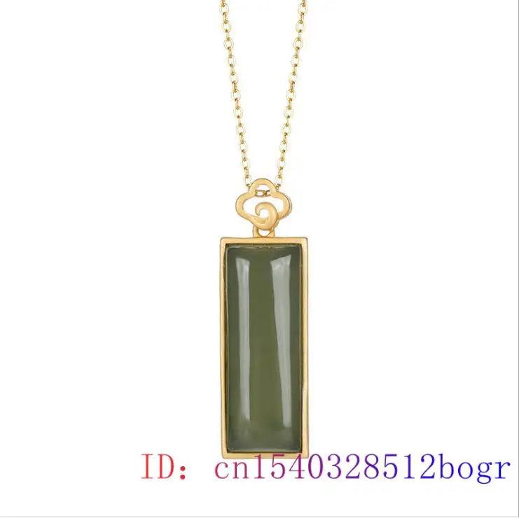 Green Jade Rectangle Pendant Zircon Crystal Necklace 925 Silver