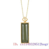Green Jade Rectangle Pendant Zircon Crystal Necklace 925 Silver