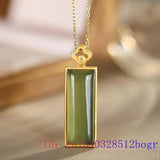 Green Jade Rectangle Pendant Zircon Crystal Necklace 925 Silver