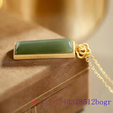 Green Jade Rectangle Pendant Zircon Crystal Necklace 925 Silver
