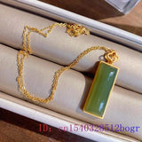 Green Jade Rectangle Pendant Zircon Crystal Necklace 925 Silver