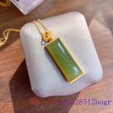 Green Jade Rectangle Pendant Zircon Crystal Necklace 925 Silver