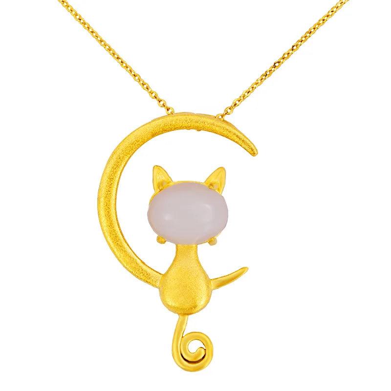 Jade Cat Pendant Chalcedony Necklace 925 Silver