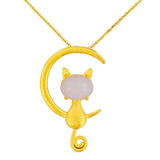 Jade Cat Pendant Chalcedony Necklace 925 Silver