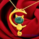 Jade Cat Pendant Chalcedony Necklace 925 Silver