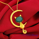 Jade Cat Pendant Chalcedony Necklace 925 Silver