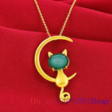 Jade Cat Pendant Chalcedony Necklace 925 Silver