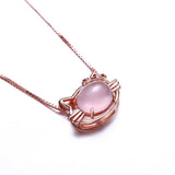 Pink Jade Cat Pendant 925 Silver Chalcedony Amulet Necklace Zircon Jewelry
