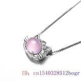 Pink Jade Cat Pendant 925 Silver Chalcedony Amulet Necklace Zircon Jewelry