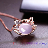 Pink Jade Cat Pendant 925 Silver Chalcedony Amulet Necklace Zircon Jewelry