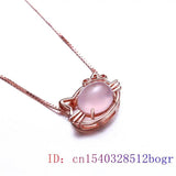 Pink Jade Cat Pendant 925 Silver Chalcedony Amulet Necklace Zircon Jewelry
